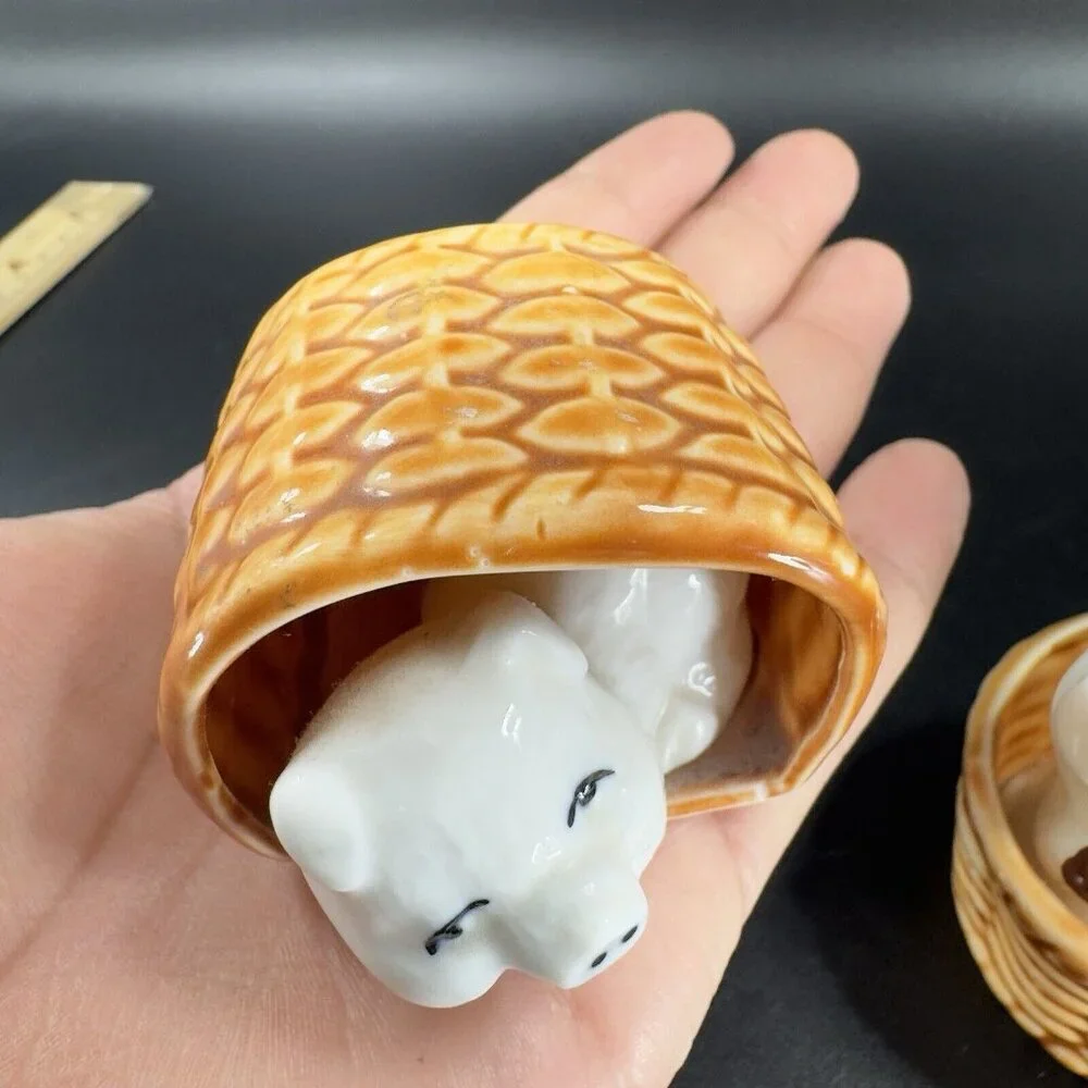 Vintage 1980s Porcelain Pings In Woven Basket Figurine‎ Set Made On Taiwan VTG